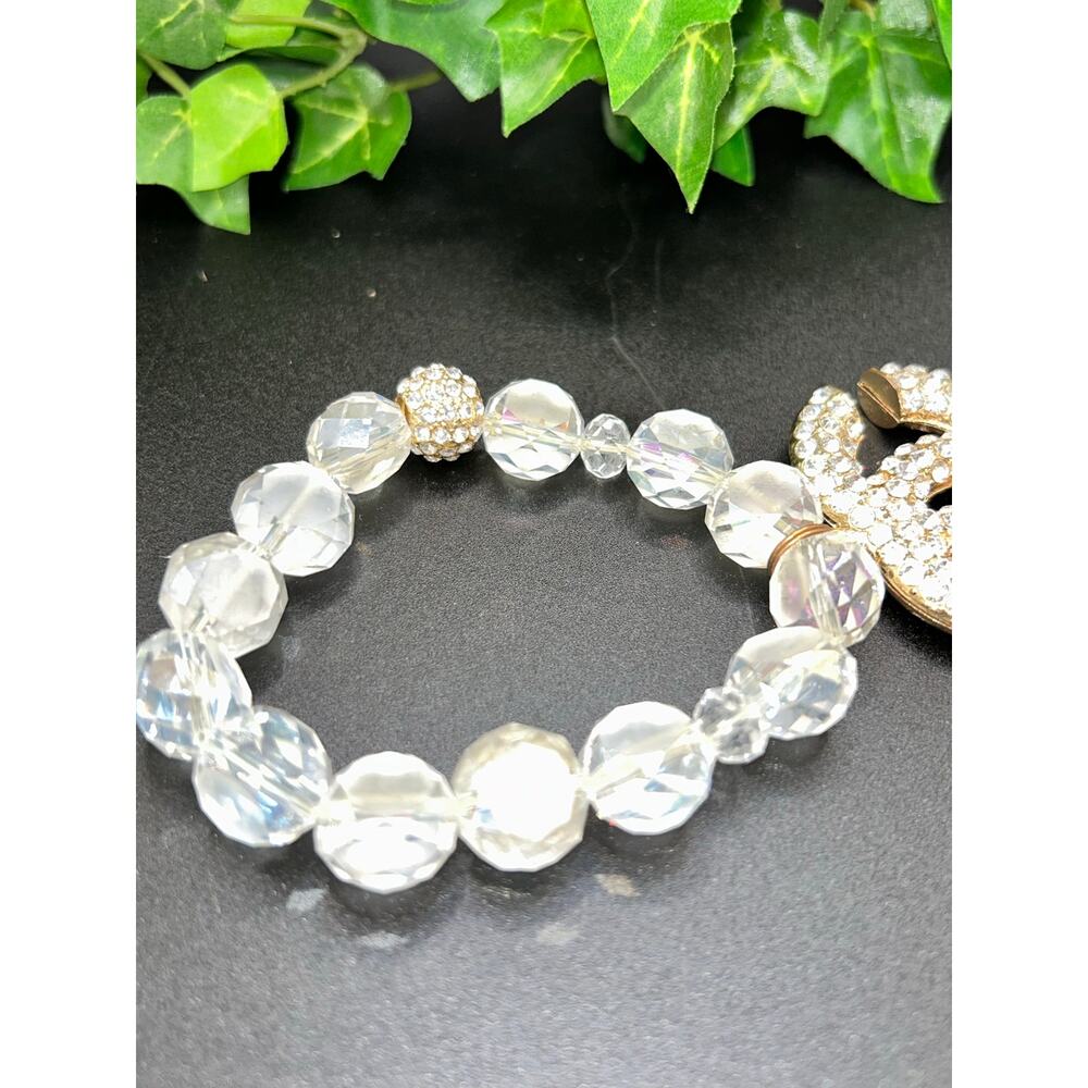 Chanel Iridescent AB Beaded Bracelet Crystal CC Logo Crescent Charm Gold Tone - Picture 4 of 5